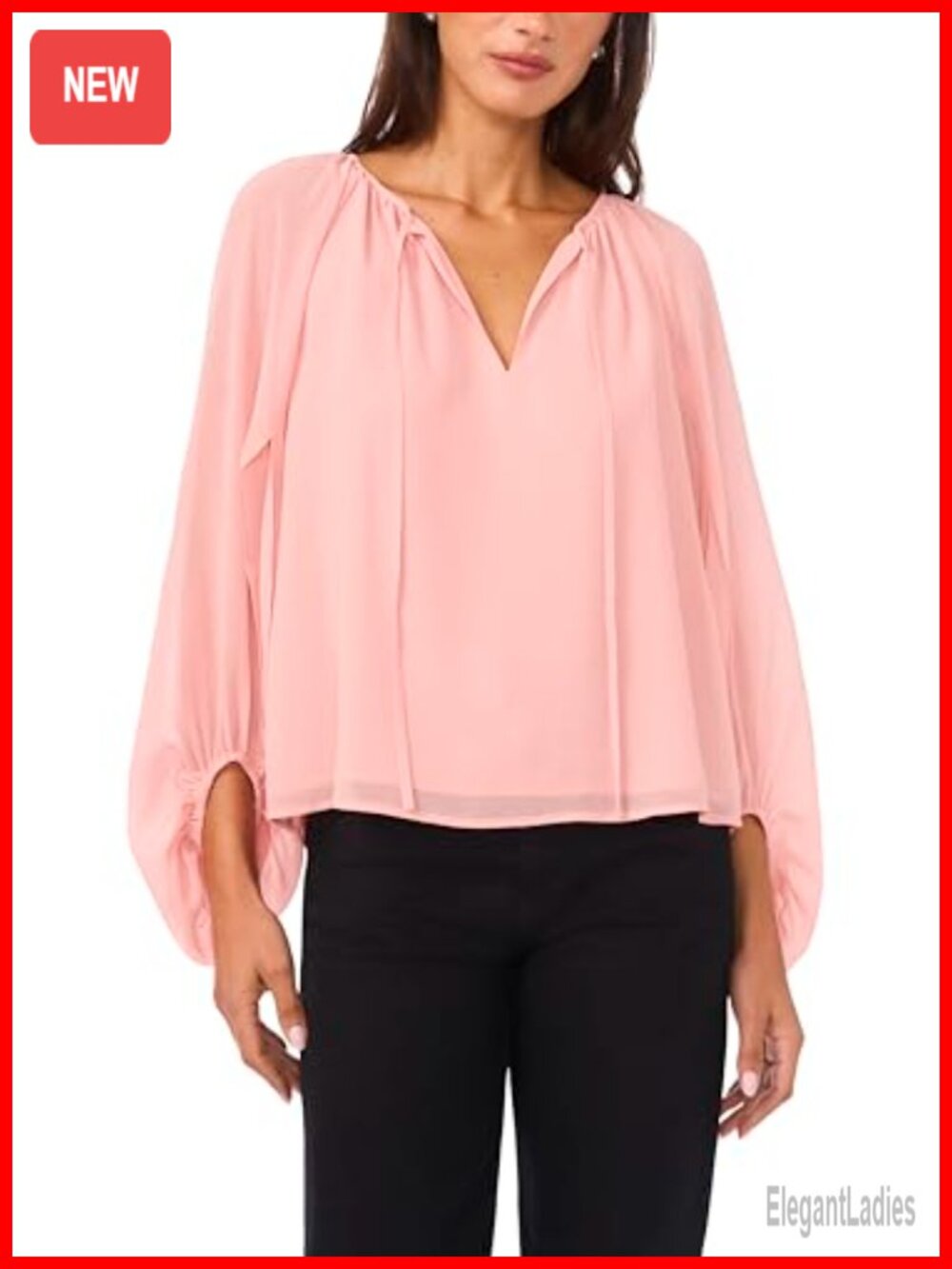 Sheer Balloon Sleeve Blouse V-Neck Pullover Top